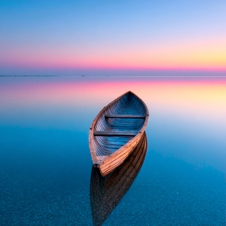 Serene Twilight Reflections Wooden Boat on a Still Lake Amidst Colorful Skies and Peaceful Vibesの素材