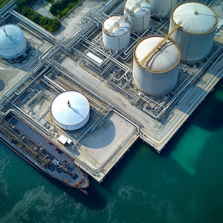 Aerial View of a Large Chemical Processing Plant with Storage Tanks and Docked Tanker Vessel at Seaの素材