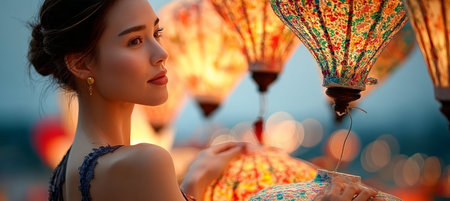 Serene Asian Woman Captivated by the Lantern Festival s Grandeur and Celebrations at Duskの素材