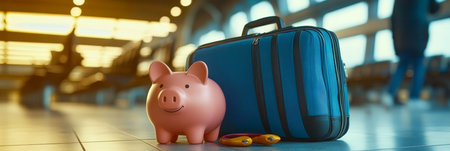 Travel Savings Concept Piggy Bank and Suitcase Ready for Affordable Trip at the Airportの素材