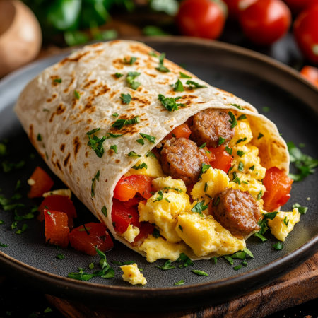 Delicious Breakfast Burrito Filled with Eggs, Cheese, Sausage, and Colorful Bell Peppersの素材