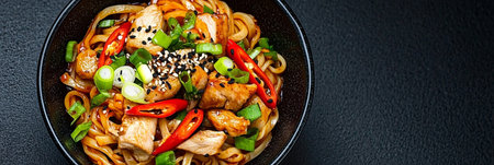 Aromatic Chicken Noodle Stir-Fry with Colorful Fresh Vegetables and Savory Sauce in a Bowlの素材