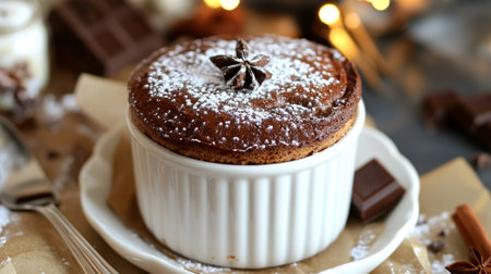 Indulgent Chocolate Souffl Served with a Dusting of Powdered Sugar for the Perfect Holiday Dessertの素材