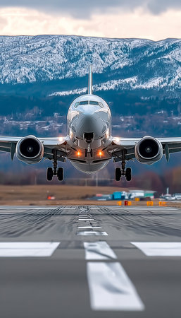 Aerial View of a Passenger Jet Taking Off from a Runway Against a Colorful Sky at Sunsetの素材