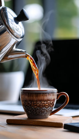 Serene Morning Coffee Experience Fresh Brew Poured into a Cozy Mug Next to a Laptop with Steamの素材