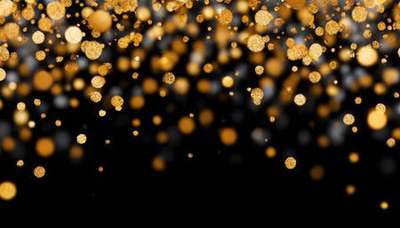 Golden Glistening Confetti Overlaying a Sleek Dark Background for a Striking Celebration Atmosphereの素材