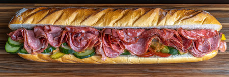 Savory Long Sandwich Loaded with Cured Meats, Fresh Veggies, and a Crunchy Artisan Baguette Breadの素材
