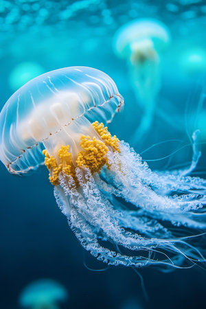 A Majestic Sea Jellyfish Gracefully Drifting Through an Illuminated Aquarium with Ethereal Beautyの素材
