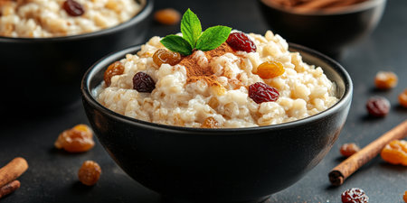 A Delightful Bowl of Rice Pudding with Cinnamon Swirl, Perfect for Indulgent Dessert Momentsの素材