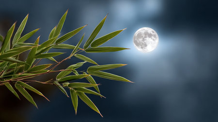 Bamboo s Whispers Serene Nightscape with Verdant Leaves Embracing the Mystical Moonlight Glowの素材