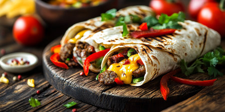 Mouthwatering Breakfast Burritos on Wooden Board Surrounded by Fresh Tomatoes for a Healthy Startの素材