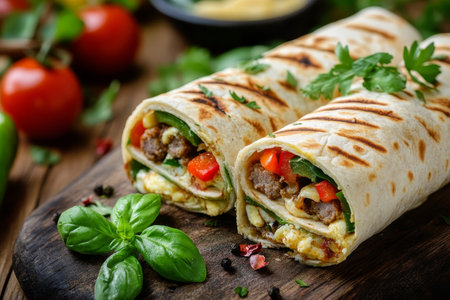 Homemade Breakfast Burrito Rolls with Sausage, Cheese, and Eggs in Cozy Rustic Settingの素材