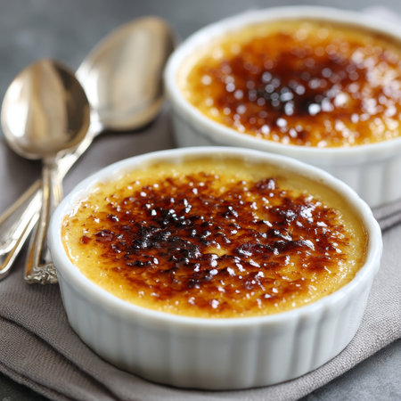 Elegant crme brle desserts with silky vanilla custard and caramelized sugar crusts.の素材