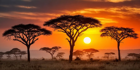 Stunning Golden African Savanna Sunset Painting Dramatic Skies with Silhouette Trees at Duskの素材