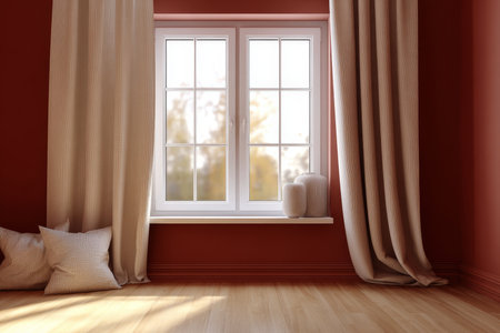 Cozy Rustic Interior Design with Elegant Window Treatments, Charming Wall Decor, and Warm Lightingの素材