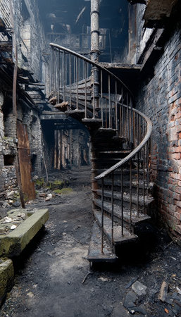 Mysterious Urban Ruins Dark Circular Staircase in Abandoned Brick Building, Post-Apocalyptic Vibesの素材