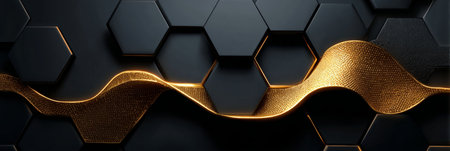Elegant Dark Hexagonal Background Layers Featuring a Luxurious Golden Wave Pattern for Digital Useの素材