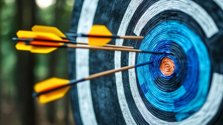 Mastering Archery Precision and Focus in Hitting the Bullseye on a Target with Arrows in Placeの素材