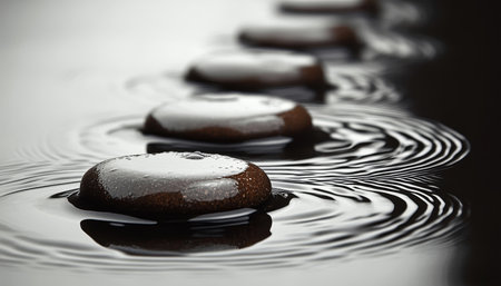 Serene Landscape of Dark Stones in Tranquil Water, Invoking Calmness, Focus, and Mindful Reflectionの素材