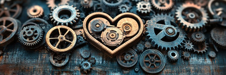 Intricate Heart of Gears and Cogs, A Unique Steampunk Artwork Symbolizing Mechanical Loveの素材