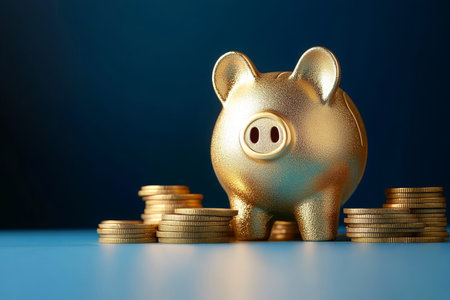 Golden Piggy Bank Surrounded by Stacks of Coins Representing Financial Safety, Savings, and Wealthの素材