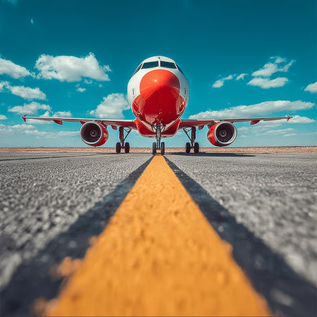 Commercial White and Red Aeroplane Preparing for Departure on a Sunny Day with Blue Sky and Cloudsの素材