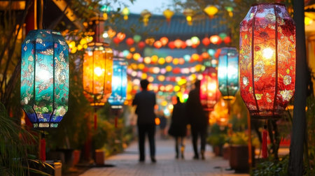 Vibrant Lanterns Illuminate a Quaint Asian Street during Autumn Festival Celebrations at Nightの素材