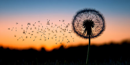 Delicate Dandelion Seeds Dancing in the Air at Sunset, Capturing Nature s Serene Beauty and Dreamsの素材