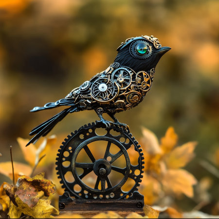 Intricate Steampunk Bird Sculpture Perched on Vintage Cogs Amidst a Dreamy Autumn Background Sceneの素材