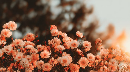 Romantic floral meadow at sunrise showcasing soft pastel pink and orange flowers in golden hour glowの素材