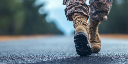 Person Walking in Military Boots on Paved Abandoned Road with Armed Soldiers in Camo Fatiguesの素材