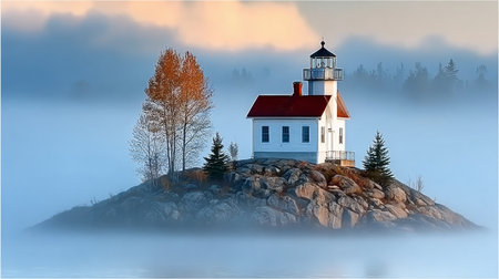 Stunning Island Scene with Magical Fog, Dramatic Lighting, and an Old Lighthouse at Sunriseの素材