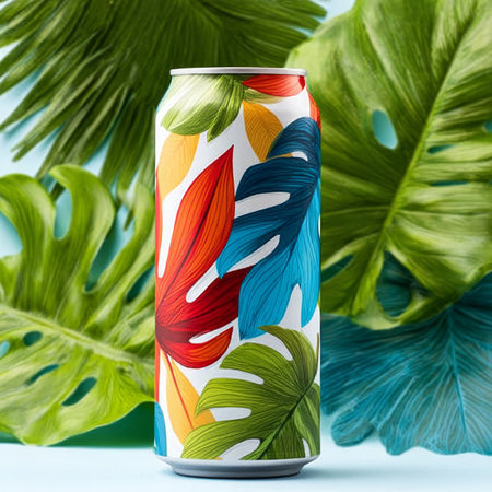 Artistic Beverage Can with Tropical Foliage and Exotic Floral Design for Refreshing Cold Drinksの素材