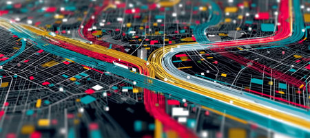 Futuristic Urban Landscape with Bright Colors and Abstract Transportation Network Design Elementsの素材