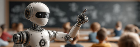 Innovative robot tutor inspiring and teaching students inside a futuristic classroom environment.の素材