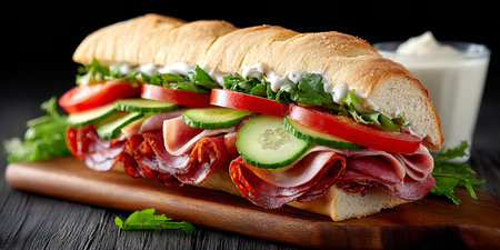 Mouthwatering Loaded Submarine Sandwich with Fresh Deli Meats, Cheese, Veggies, and Delicious Saucesの素材