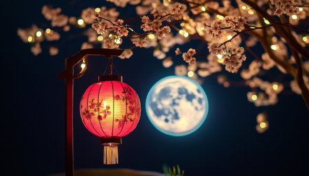 Mid Autumn Festival with Chinese Lanterns, Cherry Blossoms, and a Spectacular Full Moon Night Skyの素材