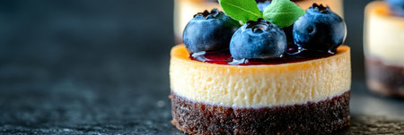 Delicious Mini Cheesecakes with Fresh Blueberries, Sweet Glaze, and Savory Crust for Dessert Loversの素材