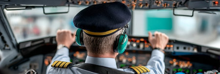 Experienced Airline Pilot Operating a Modern Aircraft Cockpit During a Challenging Flight Missionの素材