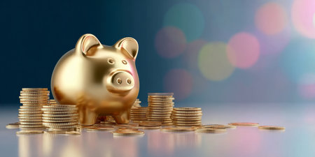 Golden Piggy Bank Filled with Coins Representing Savings and Investments for Future Wealth Growthの素材
