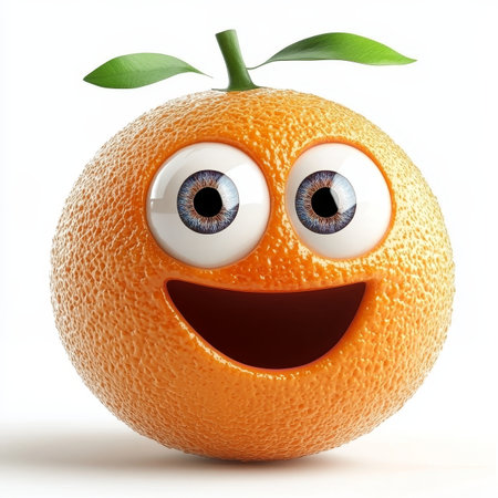 Cheerful 3D Orange Emoji Character, Playful Citrus Design for Fun Nutrition and Fruit Themesの素材