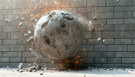 Massive Spherical Boulder Crashing into a Sturdy Brick Wall, Symbolizing Power and Destructionの素材