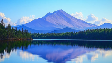 Stunning Mountain Range Reflected in a Clear Lake Surrounded by Lush Forests and Serenityの素材