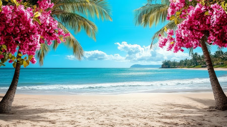 Tropical Beach with Pink Blossoms, Coconut Palms, and Crystal Clear Ocean Waves Under Blue Skyの素材