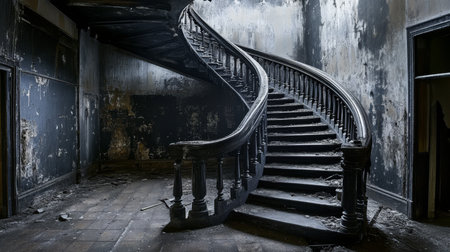 Haunting Legacy of a Crumbling Mansion Intricate Dark Wooden Spiral Staircase Amidst Decayの素材