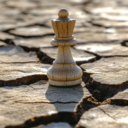Isolated chess Queen on cracked earth symbolizing fragile decision-making and strategic planningの素材