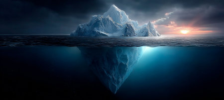 The Tip of the Iceberg Visible Above Ocean Waves, Hiding a Mysterious Underwater Mass Belowの素材