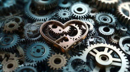 Intricate Design of a Heart Gear Symbol Inside a Cogwheel, Representing Connection and Romanceの素材