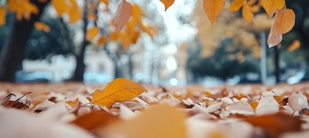 Beautiful autumn park with vibrant fallen leaves creating a natural carpet on the ground.の素材