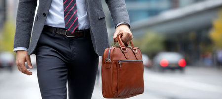 Confident Professional Walking in a Bustling City with a Classic Briefcase, Embracing Urban Lifeの素材